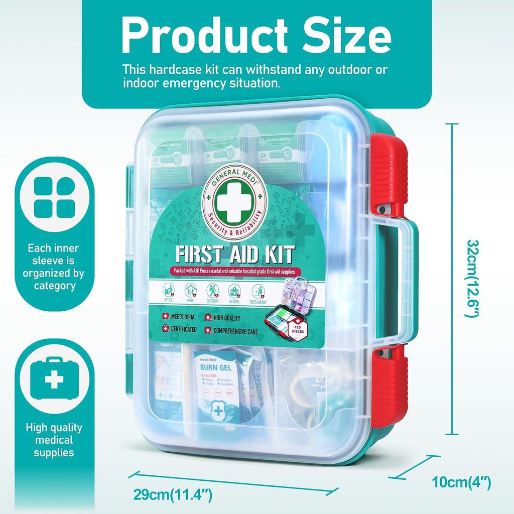 General Medi 420 Pieces Professional First Aid Kit - HardCase First Aid Box - Contains Premium Medical Supplies for Travel, Home, Office, Vehicle, Camping, Workplace & Outdoor