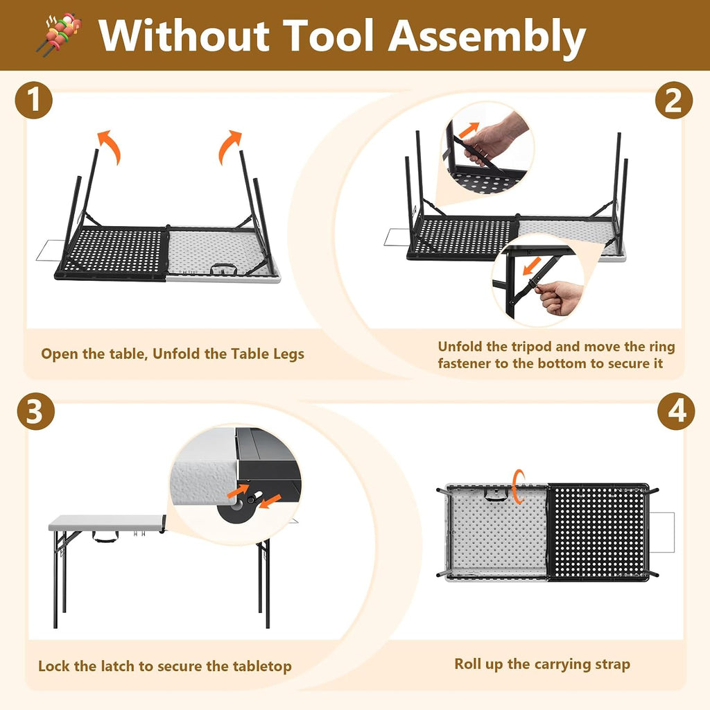 5FT Folding Table, Camping Table for Grill with Solid＆Metal Grid Grilling Surface, BBQ Prep Table Portable with Carry Handle for Party Cooking, Camping, Backyard, Beach and Patio Use
