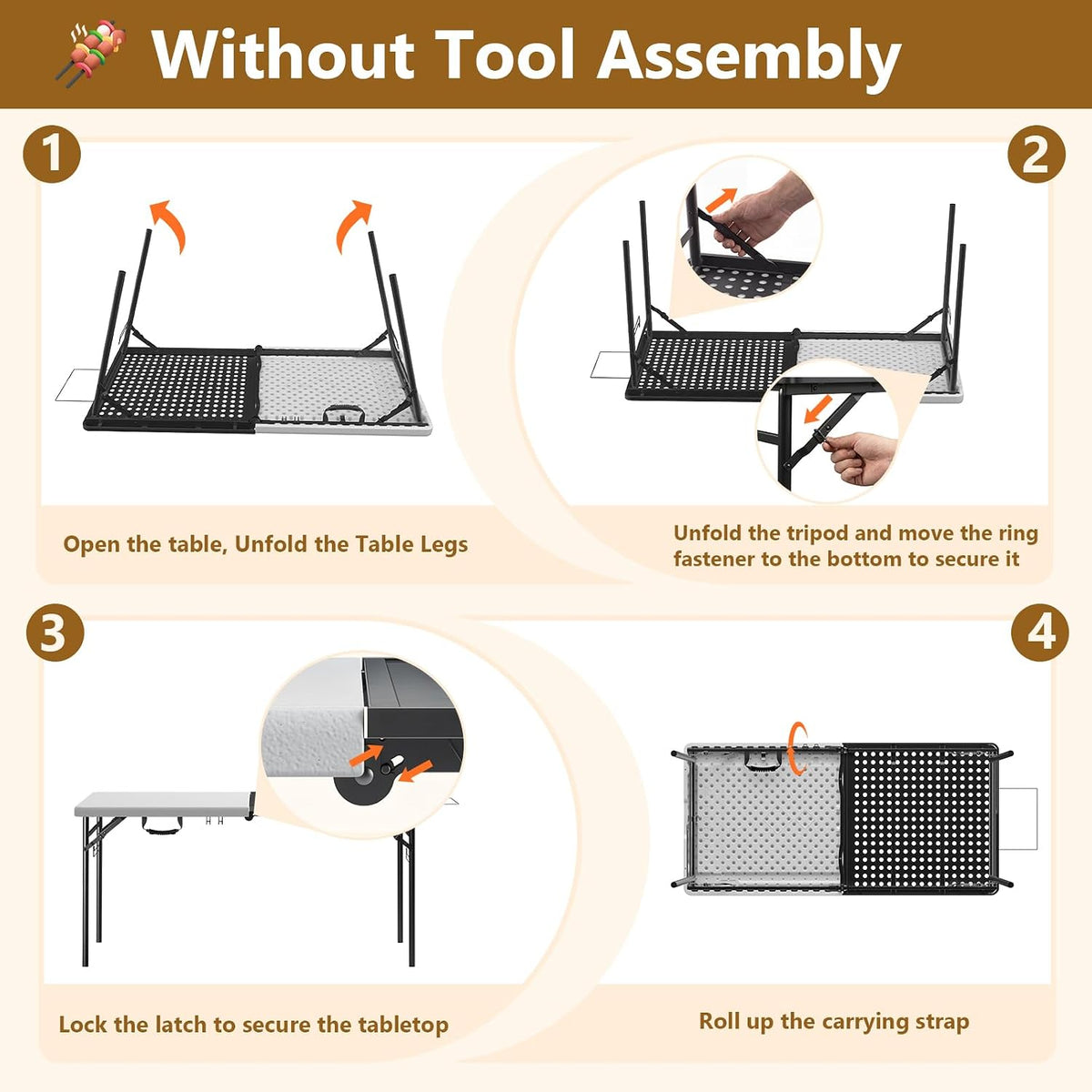 5FT Folding Table, Camping Table for Grill with Solid＆Metal Grid Grilling Surface, BBQ Prep Table Portable with Carry Handle for Party Cooking, Camping, Backyard, Beach and Patio Use