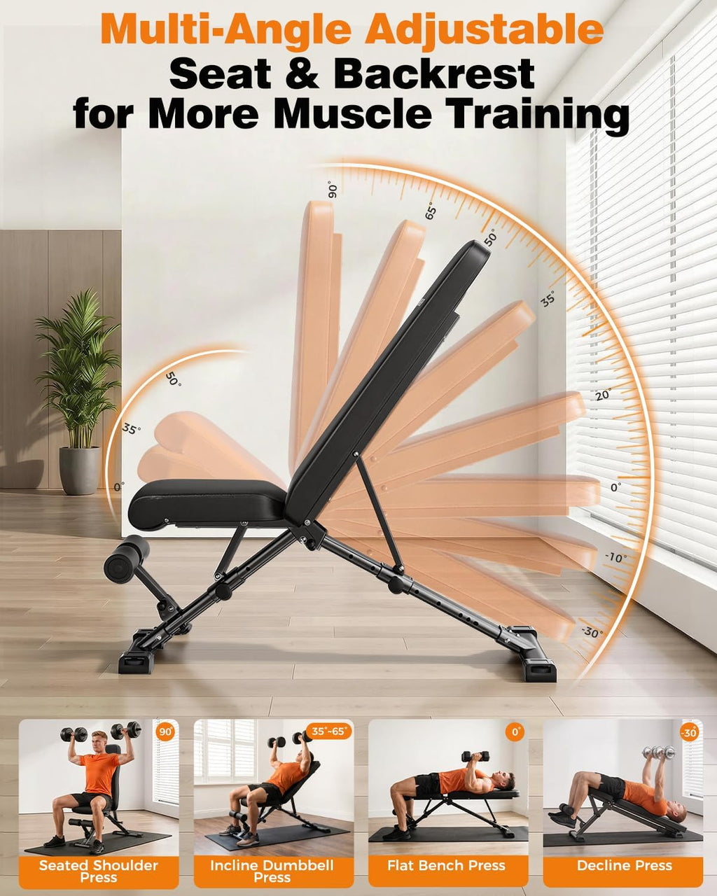 AIRHOP Foldable Workout Bench, 90° to -30° FID Weight Bench for Home Gym