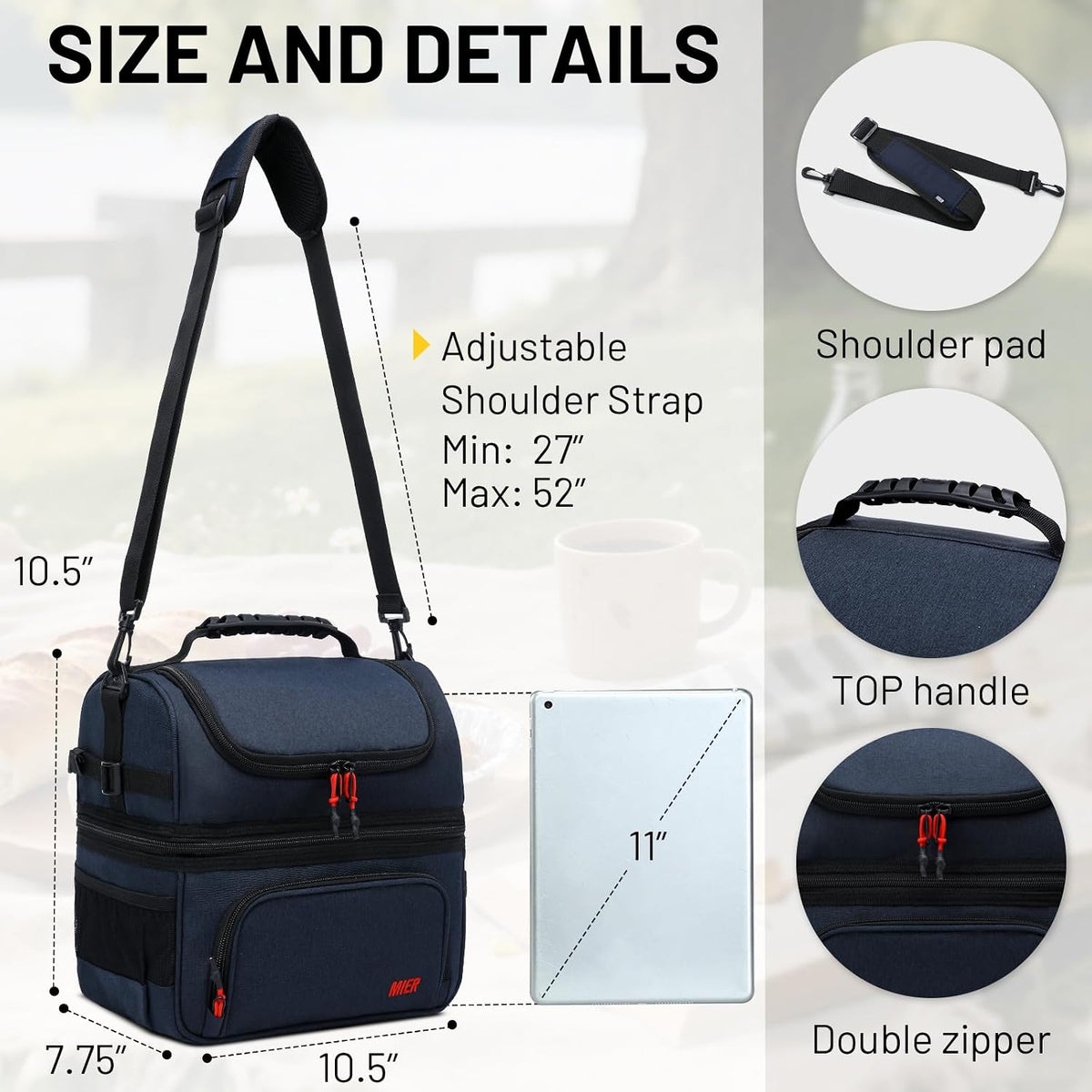 MIER Lunch Box for Men Dual Compartment Adult Lunch Bag for Work, Dark Blue