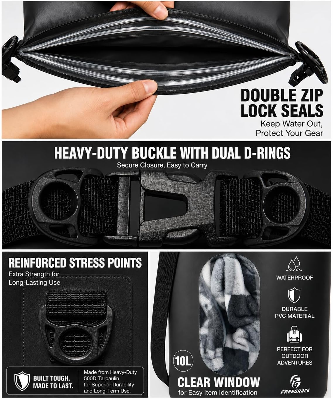 Freegrace Waterproof Dry Bag with Double Zip-Lock, Fanny Pack & Phone Case