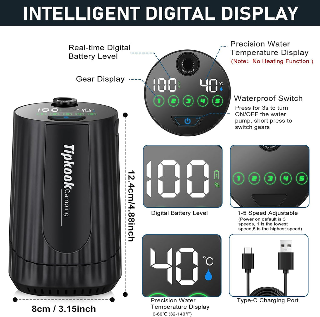 Portable Shower for Camping: 10000 mAh Rechargeable Shower, IPX8 Waterproof,High-Pressure Flow Camp Shower Pump,5-Speed Outdoor Shower with LED Display, Camping Gifts, Dog Bath, Hiking