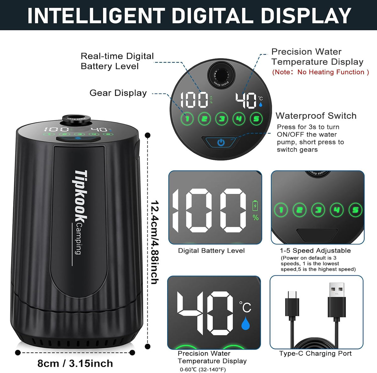 Portable Shower for Camping: 10000 mAh Rechargeable Shower, IPX8 Waterproof,High-Pressure Flow Camp Shower Pump,5-Speed Outdoor Shower with LED Display, Camping Gifts, Dog Bath, Hiking