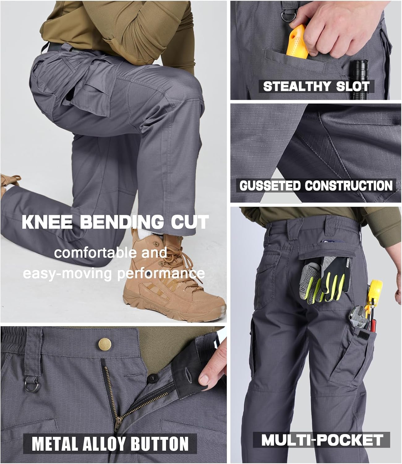 SPOSULEI Mens Tactical Pants Ripstop Cargo Work Pants with 9 Pockets Water Resistant Breathable Hiking Construction Pants