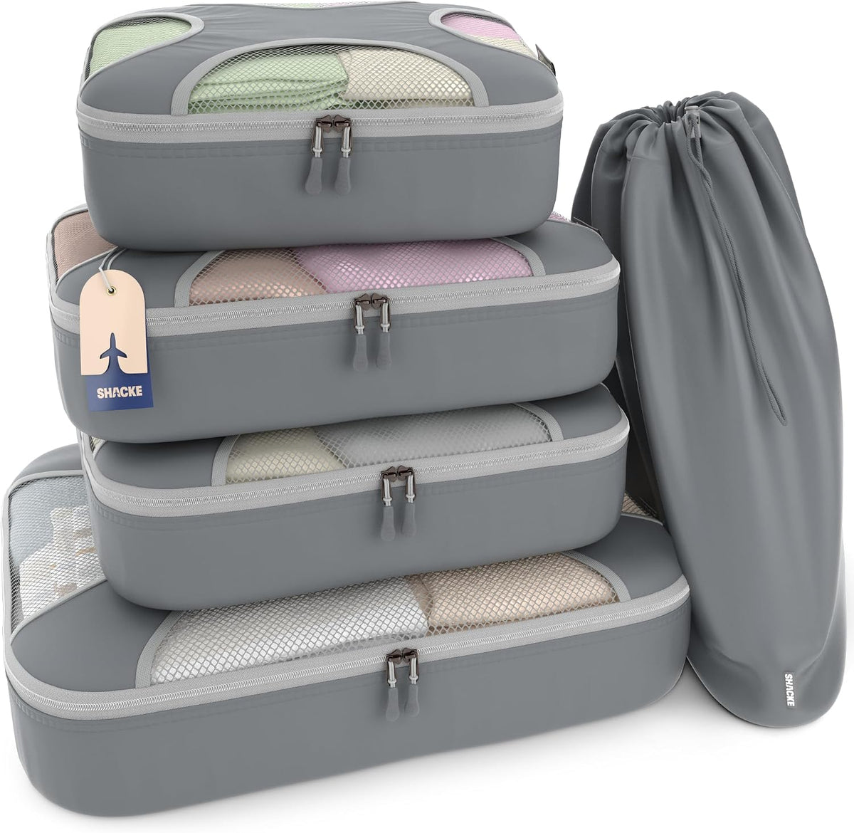 Shacke 5 Set Packing Cubes for Travel with Laundry Bag (Charcoal Gray)