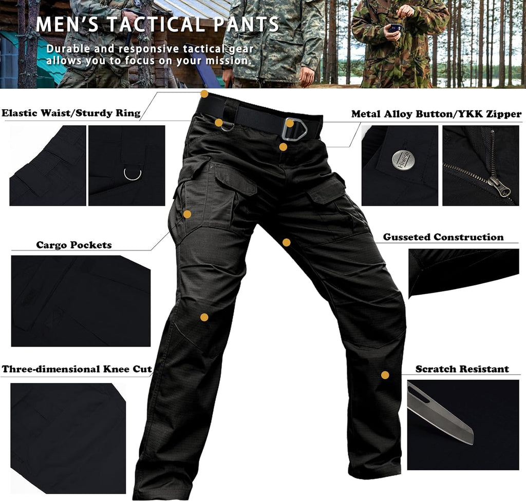 Hiwise Men's Stretch Tactical Pants Water Resistant Ripstop Cargo Pants Outdoor Lightweight EDC Work Hiking Pants