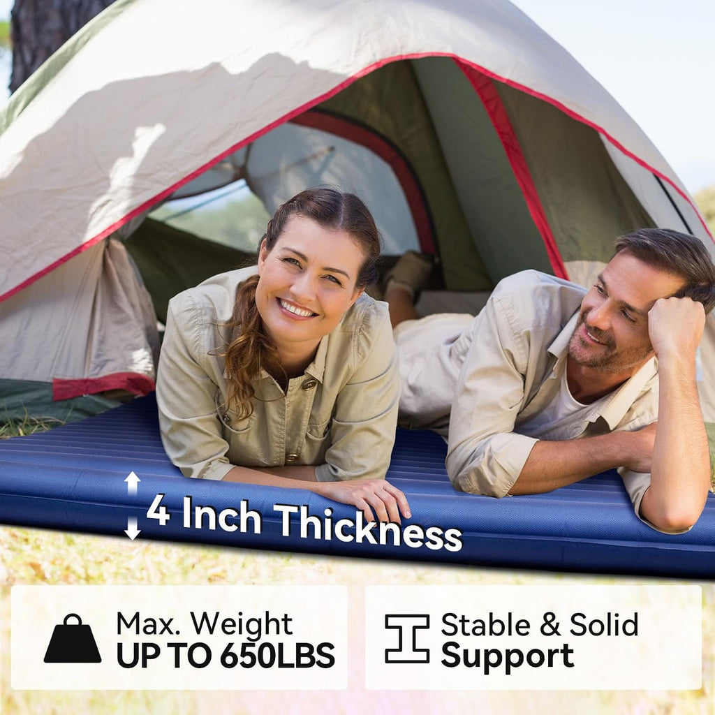 Hikenture Double Sleeping Pad for Camping, Ultralight 4" Extra-Thick Camping Mattress 2 Person, Inflatable Backpacking Sleeping Mat, Hiking Air Mattress for Tent (Navy Footpump 79x47.5in)