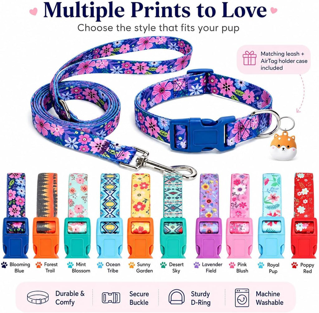 Floral Matching Dog Collar and Leash Set with AirTag Holder-Dark Flower/L