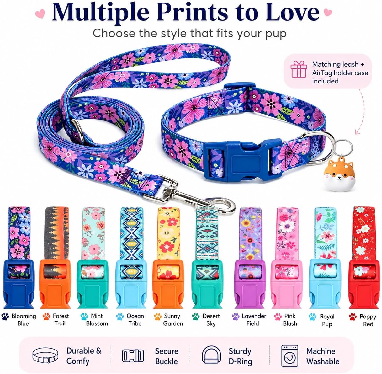 Floral Matching Dog Collar and Leash Set with AirTag Holder-Dark Flower/L