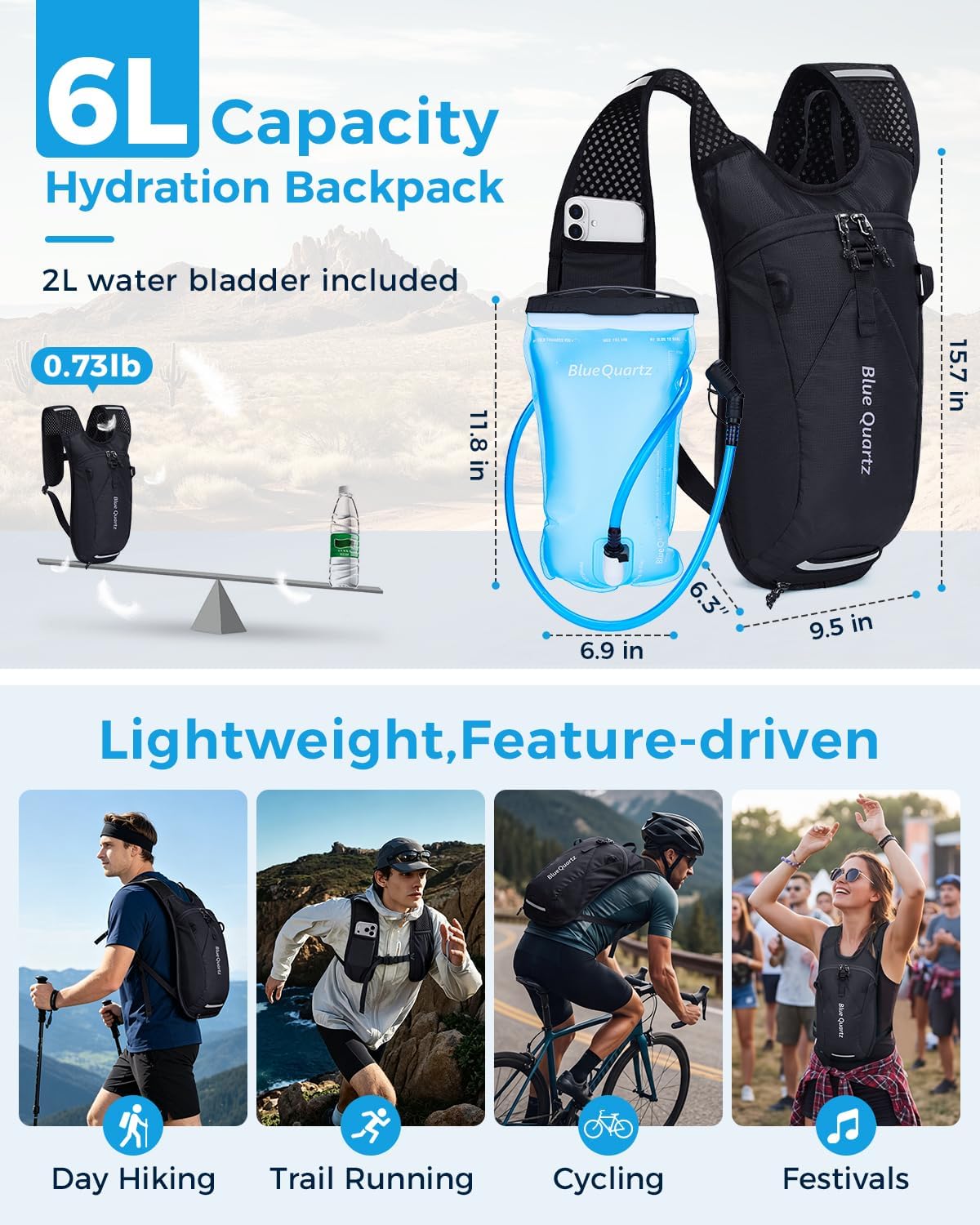 Blue Quartz Hydration Backpack with 2L Water Bladder, Hiking Water Pack with Insulated Compartment for Women Men, Lightweight Running Hydration Vest with Phone Pocket for Cycling, Biking