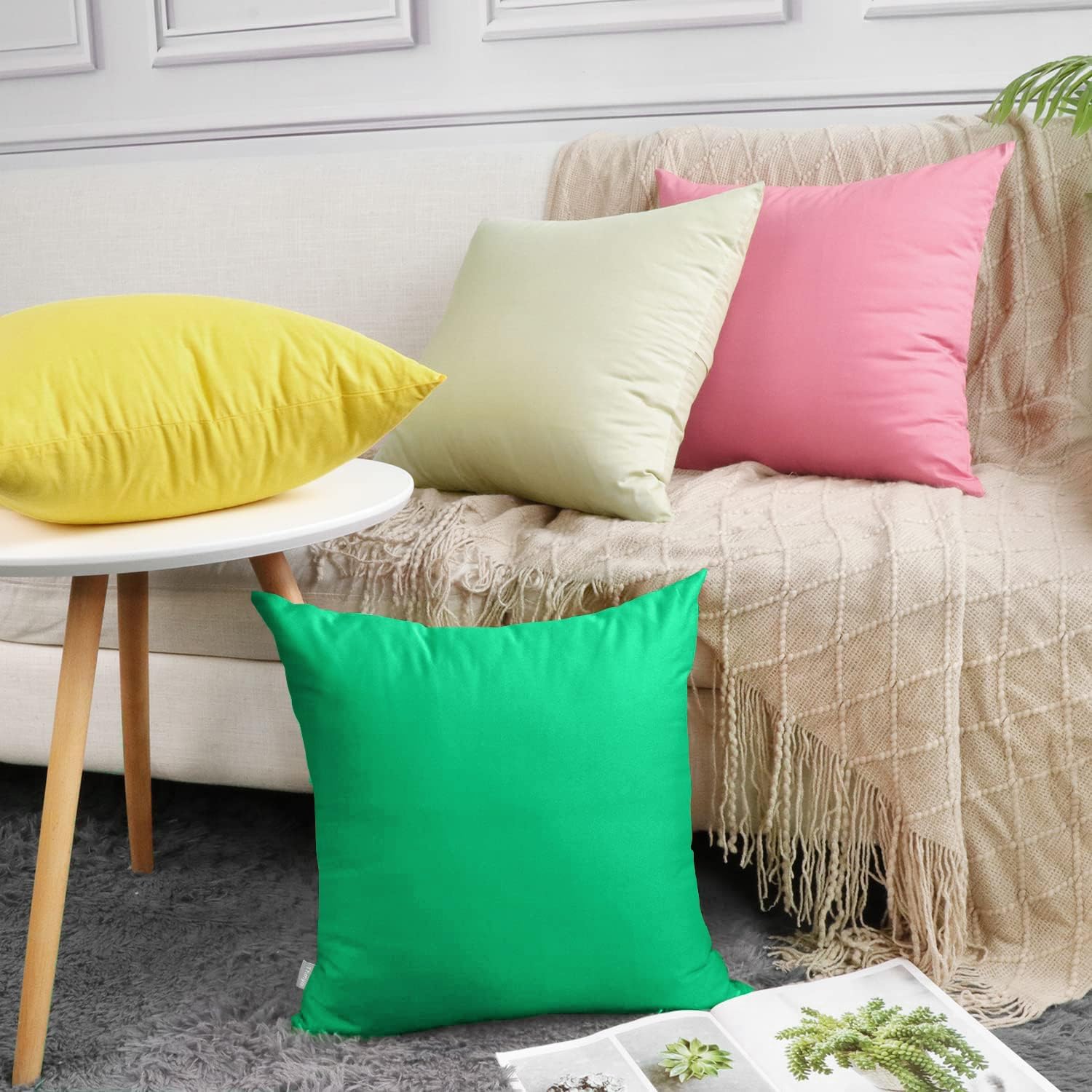 4-Pack 100% Cotton Comfortable Solid Decorative Throw Pillow Case,Thmyo Square Cushion Cover Pillowcase Sublimation Blank Pillow Covers DIY Throw Pillowcase for Sofa(18x18 inch/ 45x45cm,Bright Green)