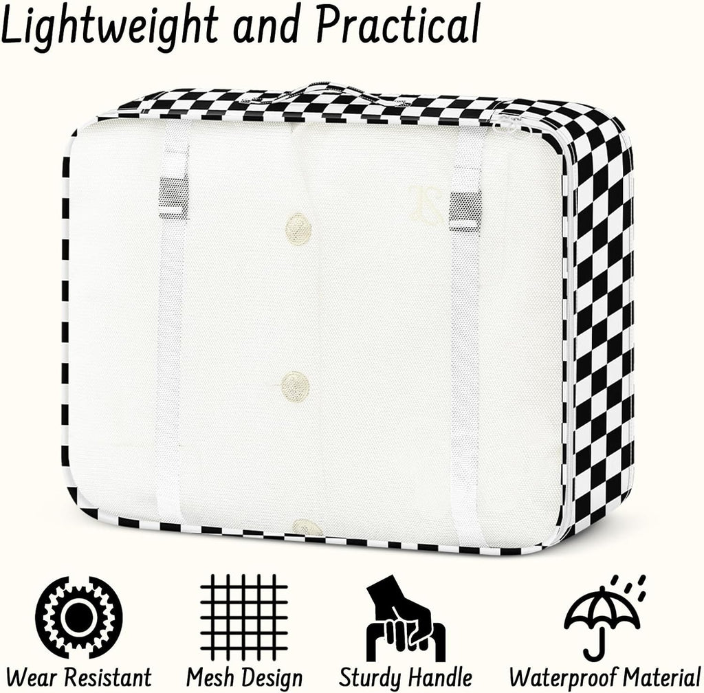 9 Set Packing Cubes for Travel Essentials - Lightweight Carry-On Luggage Organizer Bags with Shoe, Clothes & Laundry Bags for Airplane, Family & Business Travel, Black checkered