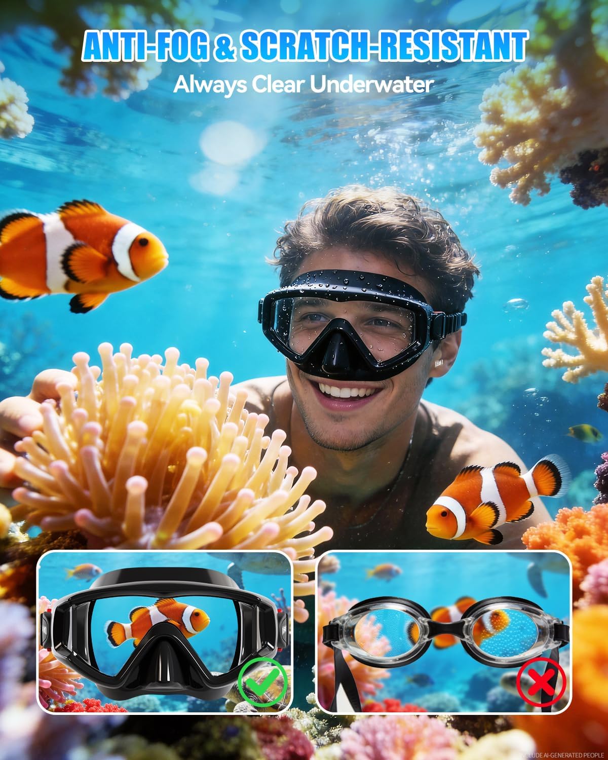 Aegend Snorkeling Gear for Adult Kid - Anti-Fog Mask with Top Dry Valve