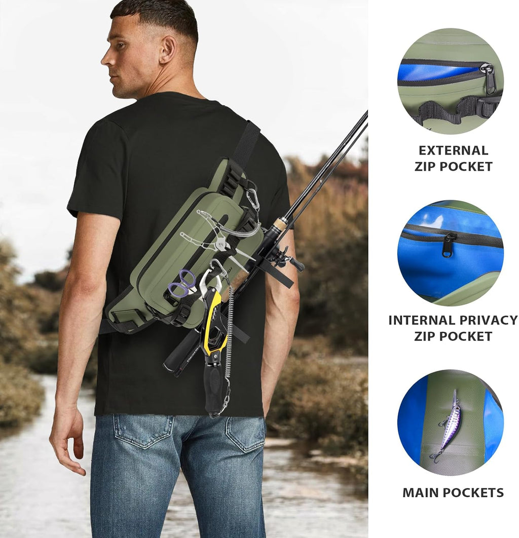 thkfish Waterproof Fishing Waist Pack，Fishing Tackle Bag Fanny Pack with Adjustable Strap Fishing Rod Holder,Airtight Zipper Closure,Lightweight Sling Fishing Waist Bag for Fly Fishing, Kayaking