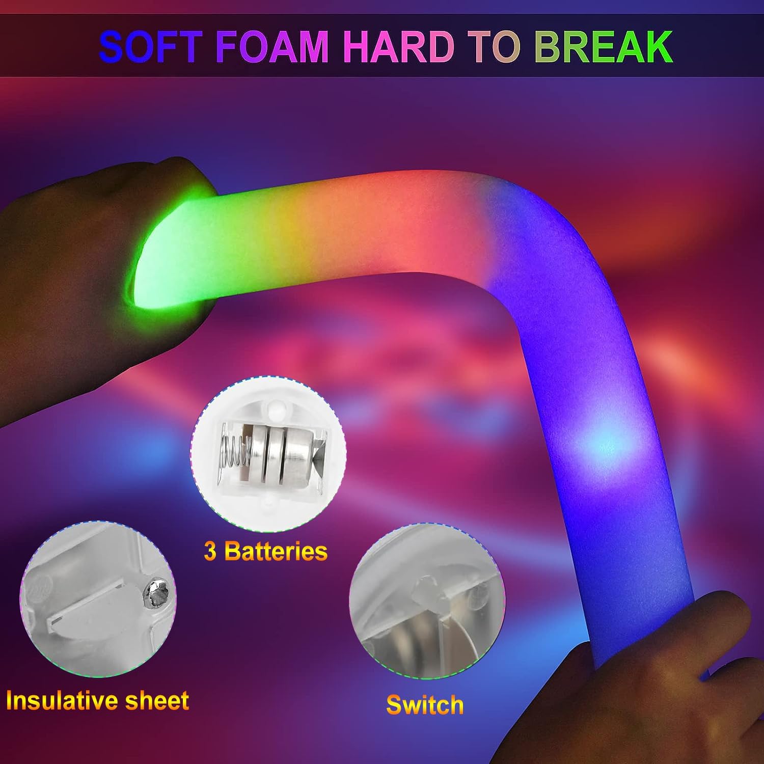 LifBetter 70 Pcs Foam Glow Sticks Bulk,Led Glow Sticks with 3 Modes Colorful Flashing,Long Life Battery Glow In The Dark Party Supplies for Weddings,Parties,Festivals,Sporting Events