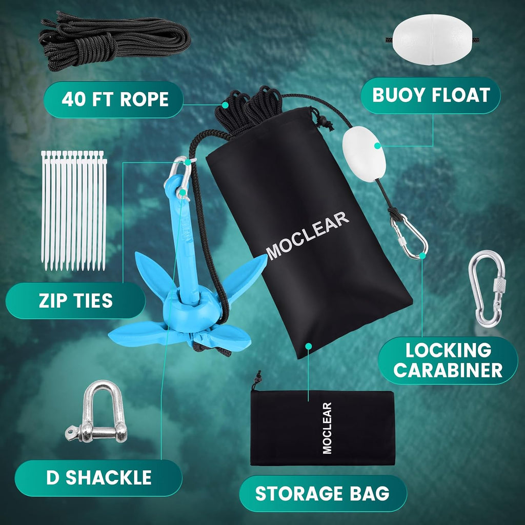 Kayak Anchor Kit, 1.5/3.5 lb Compact Folding Grapnel Anchor for Kayaks, Canoes, SUPs, Jet Skis, Small Boats - Lightweight Portable Marine Boat Anchor with Rust-Resistant Design