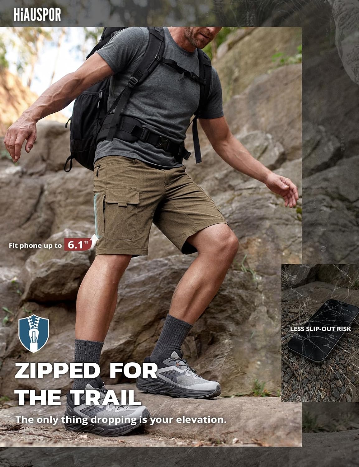 Hiauspor Men's Hiking Cargo Shorts: Quick Dry Lightweight with 6 Pockets