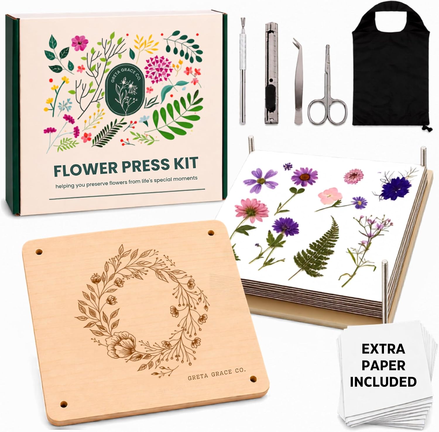 Extra Large Flower Press Kit 11x11 - Wooden Kit with Tools for Adults, Kids
