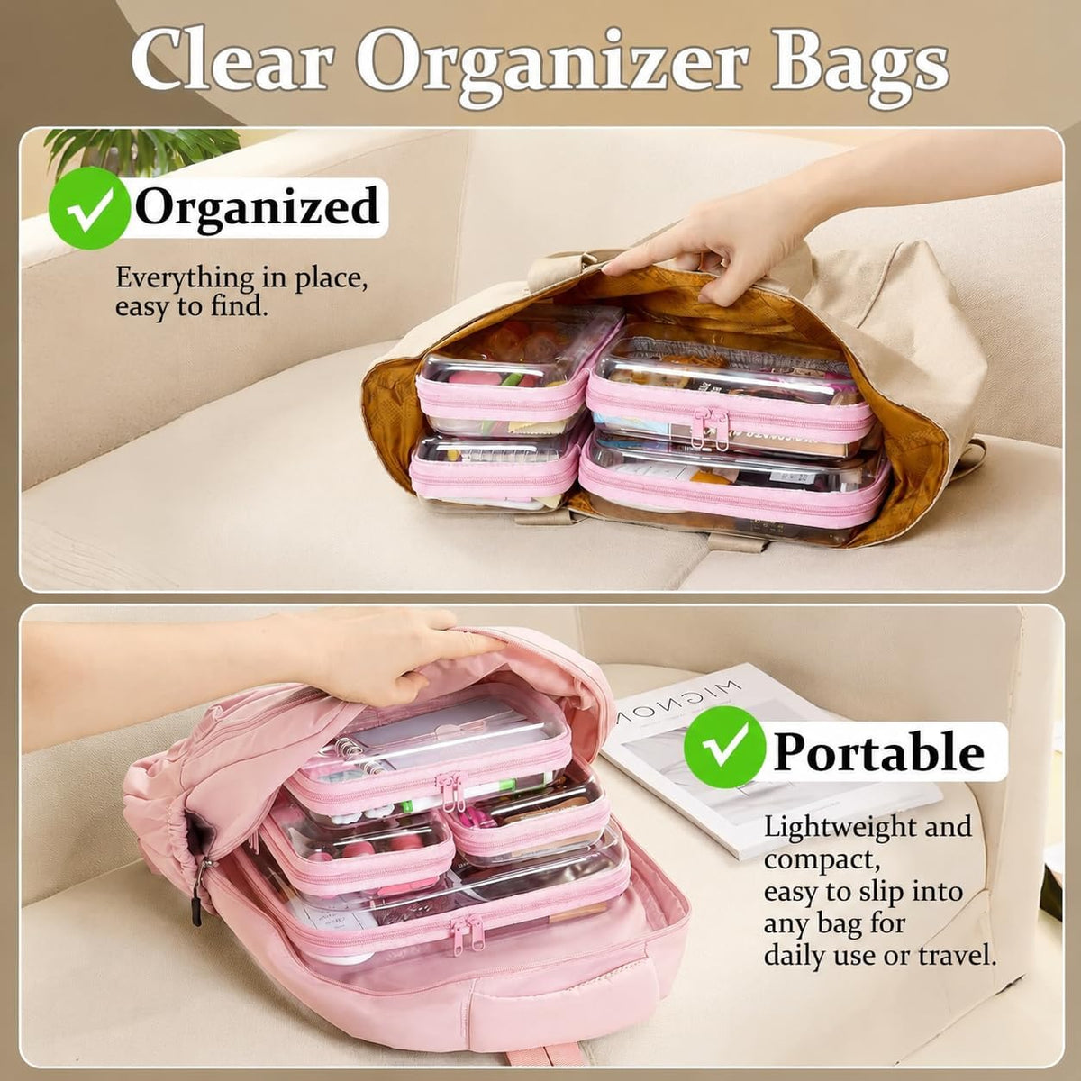 4 pcs Clear Zipper Pouches,Hard Shell Zipper Case, Toiletry Bag for Travel