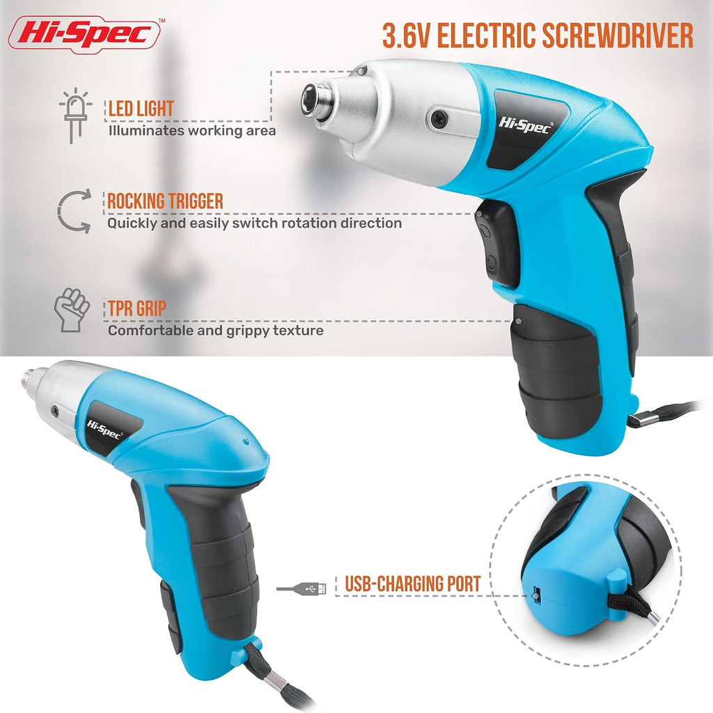 Hi-Spec 3.6V USB Electric Screwdriver for Home Repairs and Assembly, Blue