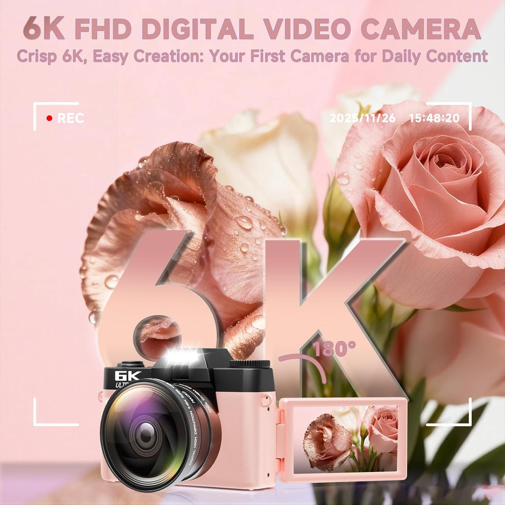 6K Digital Camera for Photography Autofocus, 64MP WiFi Vlogging Camera for YouTube with 3" 180° Flip Screen 16X Zoom, 64GB SD Card & 2 Batteries Pink Compact Travel Camera for Beginners Teens