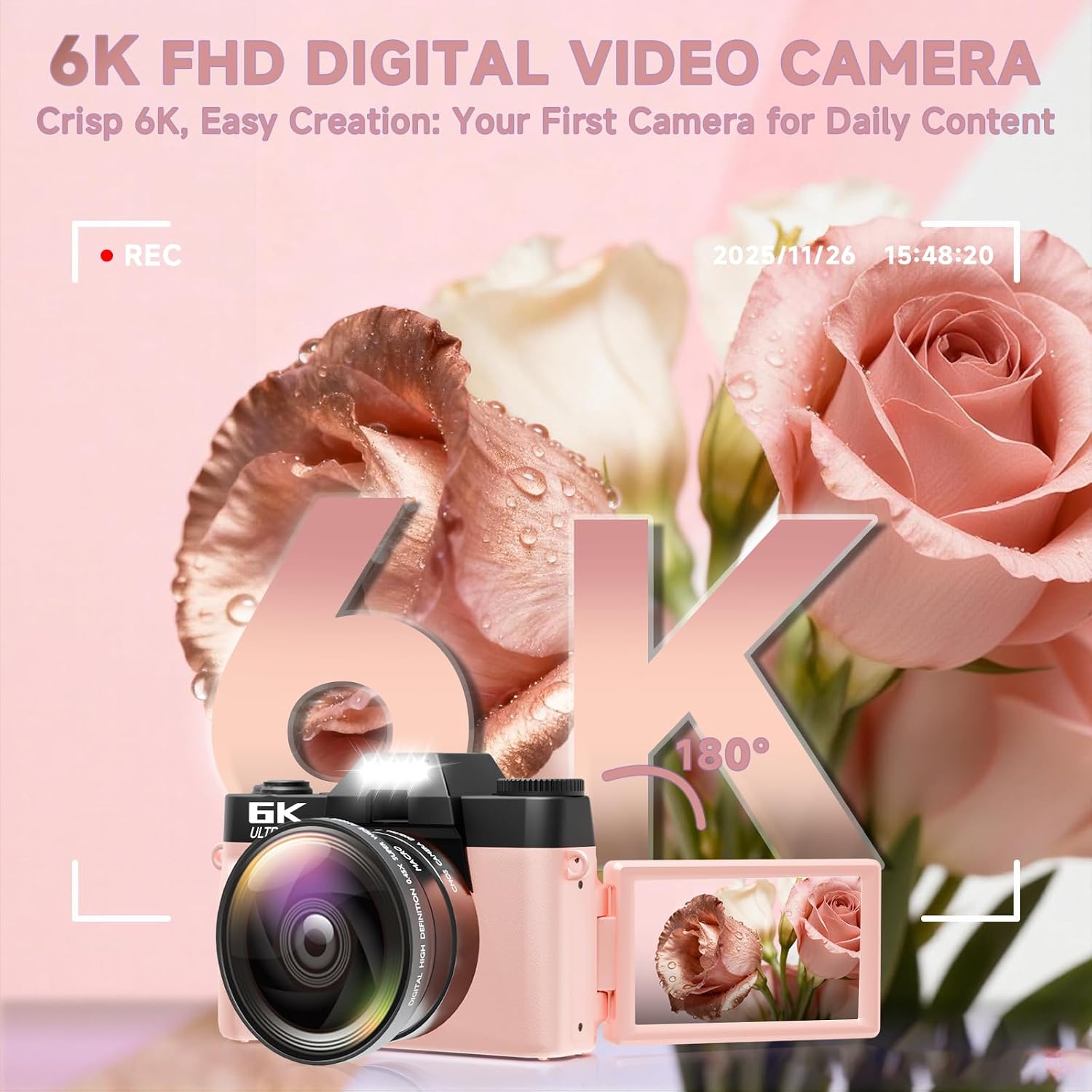 6K Digital Camera for Photography Autofocus, 64MP WiFi Vlogging Camera for YouTube with 3" 180° Flip Screen 16X Zoom, 64GB SD Card & 2 Batteries Pink Compact Travel Camera for Beginners Teens