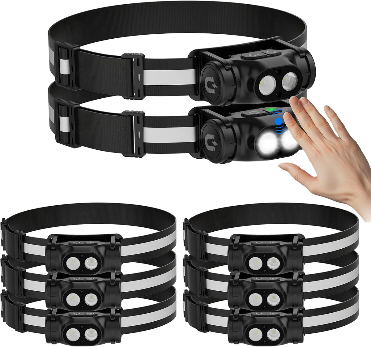 Rechargeable Running Headlamp 8PC, 1500 Lumens Bright Head Lamp Led with Motion Sensor, 4 Modes, Magnet, Detachable Flashlight & Headband for Adult, Outdoor, Emergency, Hard Hat Light