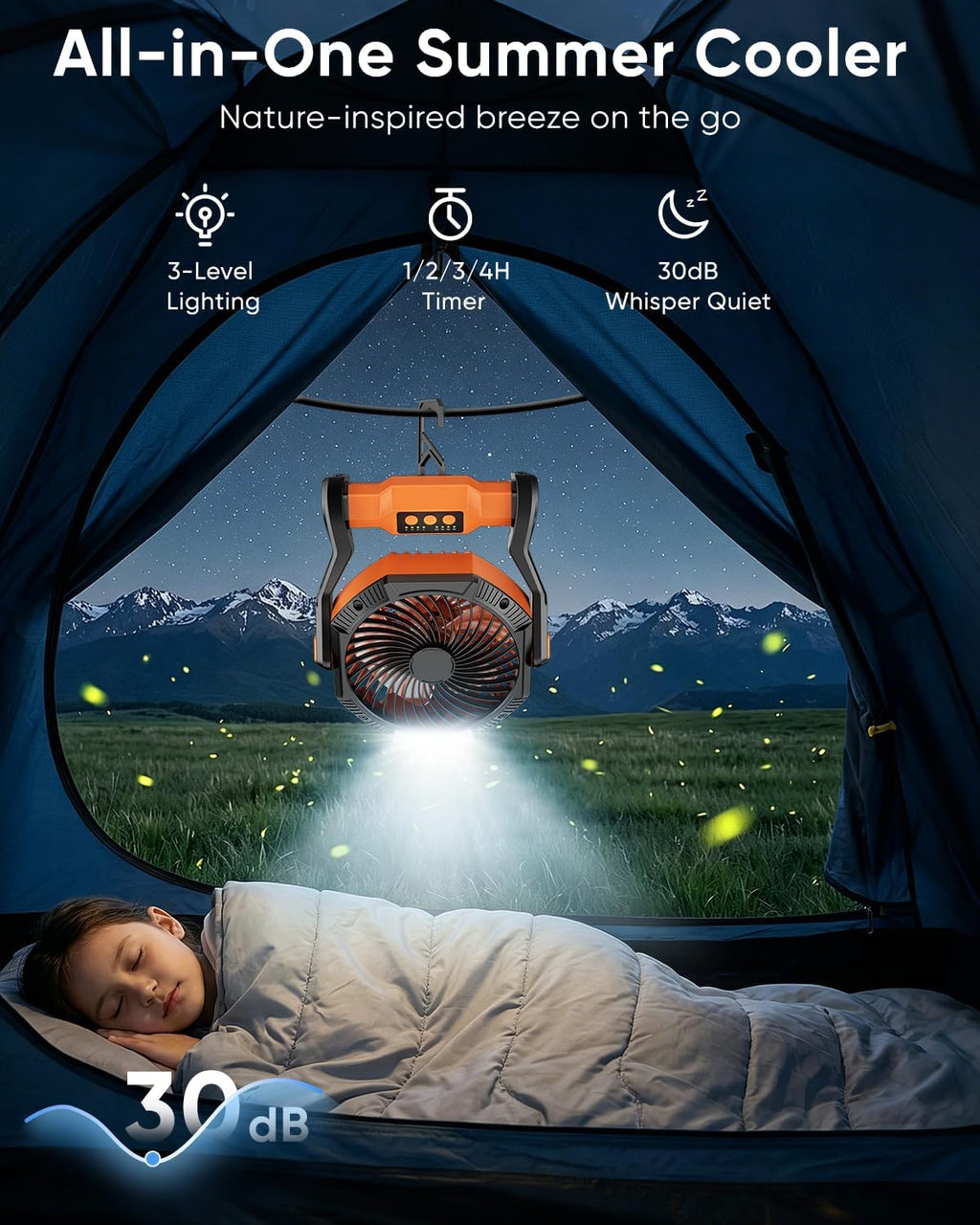 Portable Rechargeable Fan, 20000mAh Battery Powered Camping Fan with LED Light & Hook, 270° Adjustable, 4-Speed, 4H Timer Camping Essentials for Outdoor Tent Travel BBQ Car_Orange