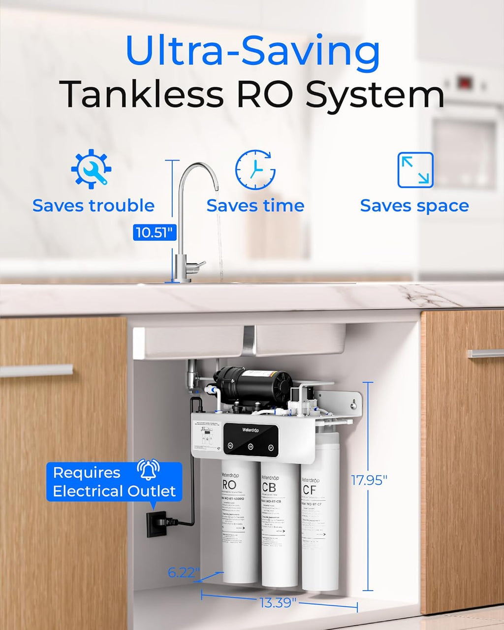 Waterdrop T3-C RO Water Filtration System, Plug-in Required, 450 GPD