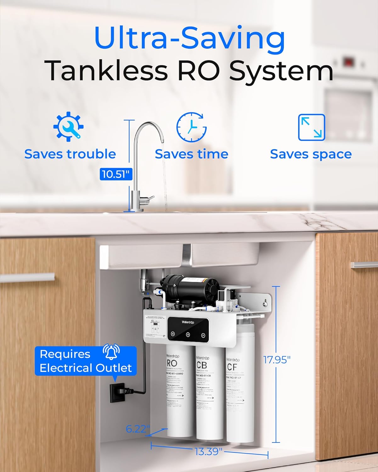 Waterdrop T3-C RO Water Filtration System, Plug-in Required, 450 GPD