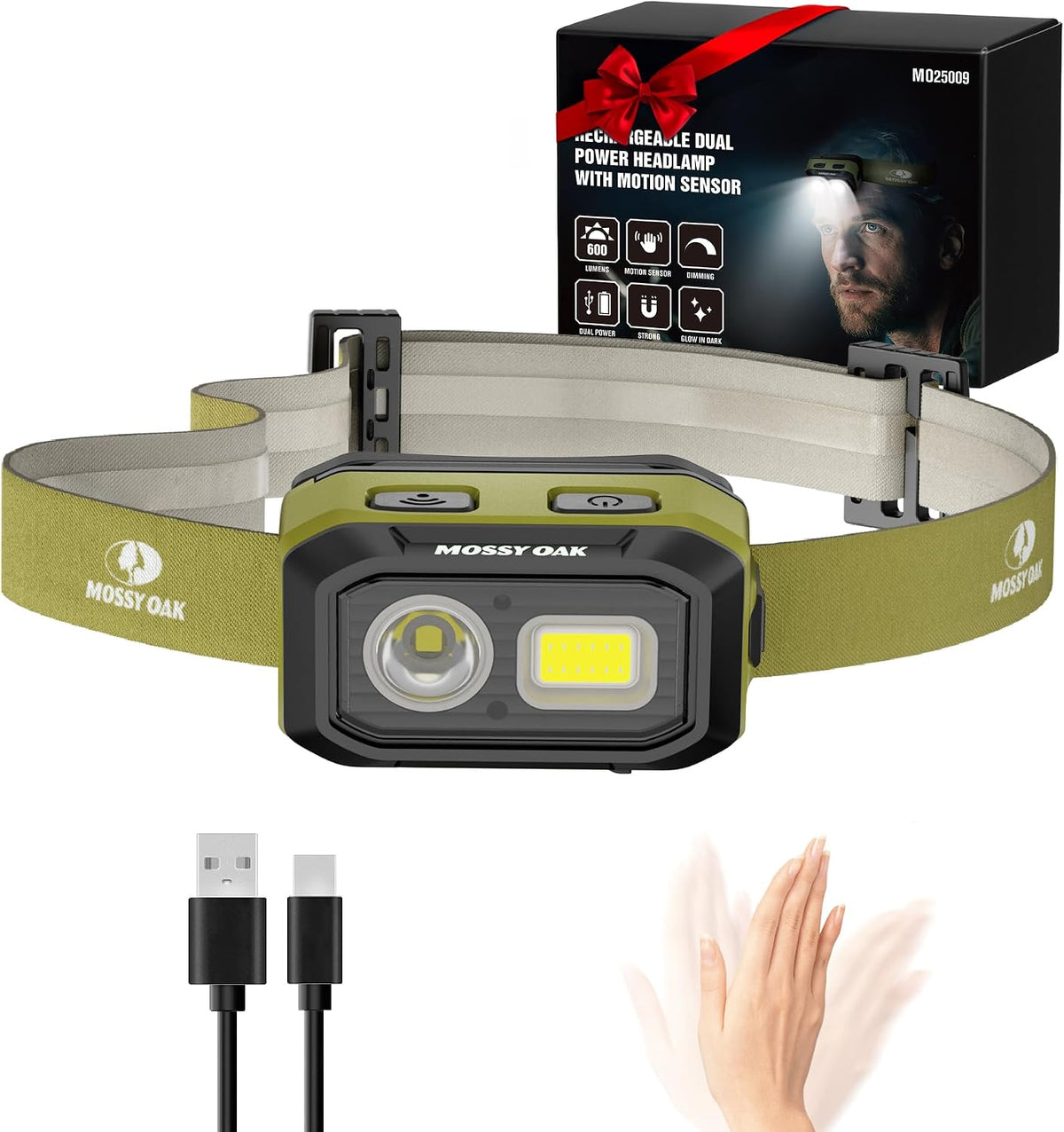 Mossy Oak 600 Lumens Headlamp, Dual Power with Motion Sensor and Magnet