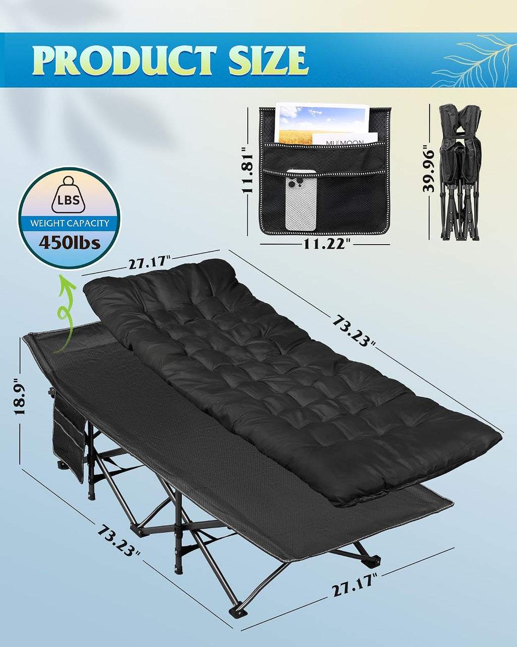WLIVE Folding 1200D Oxford Camping Cots with Mattress for Adults Sleeping