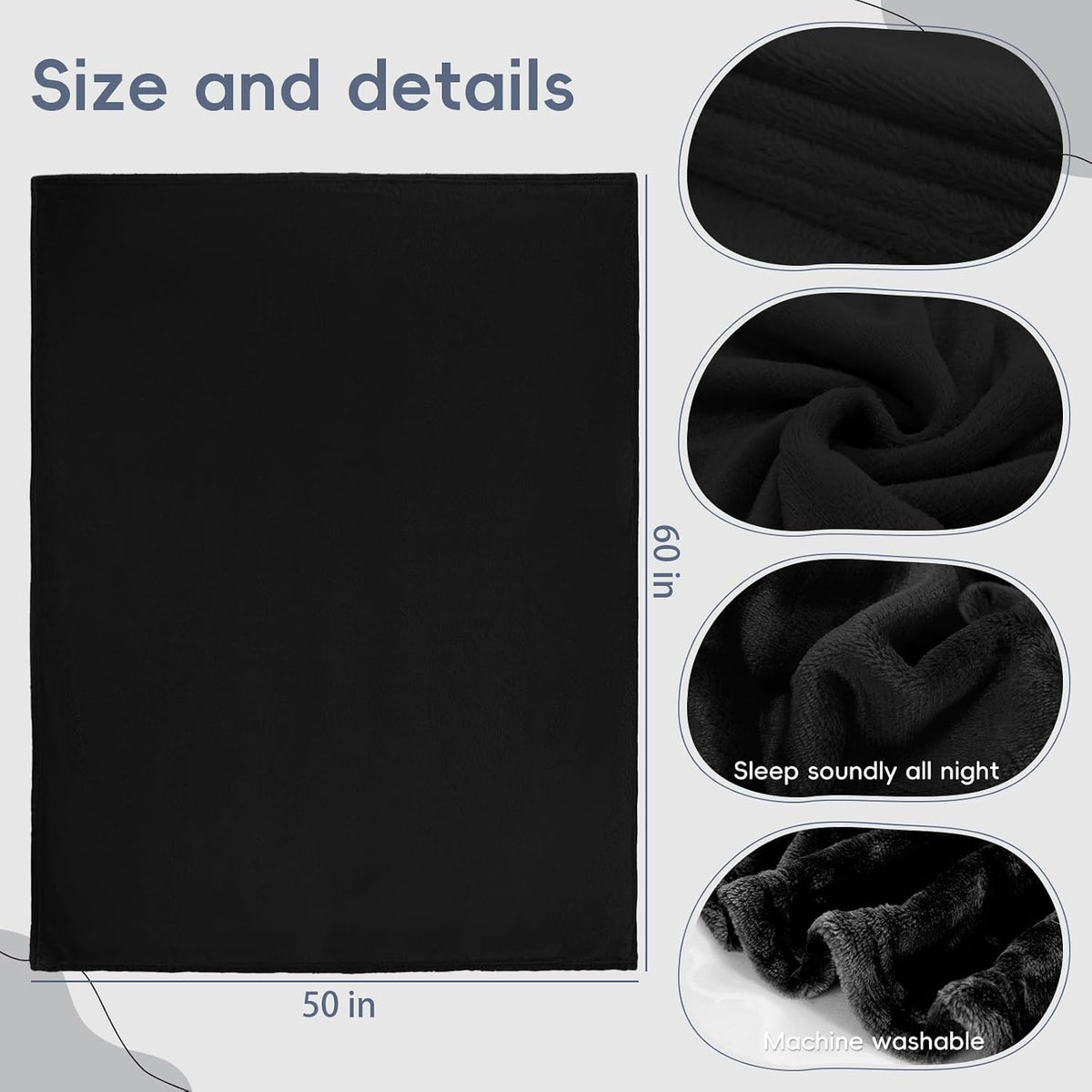 2 Pcs Flannel Fleece Throw Blanket for Bed Couch Large Soft Blanket Lightweight Throw for Sofa,Couch,Travel,Camping,(Black,50x60 Inch)
