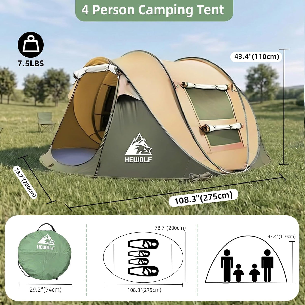 Hewolf 2/4 Person Pop Up Camping Tent,Instant Easy Setup,Waterproof,Automatic Family Tent for Camping,Hiking & Traveling