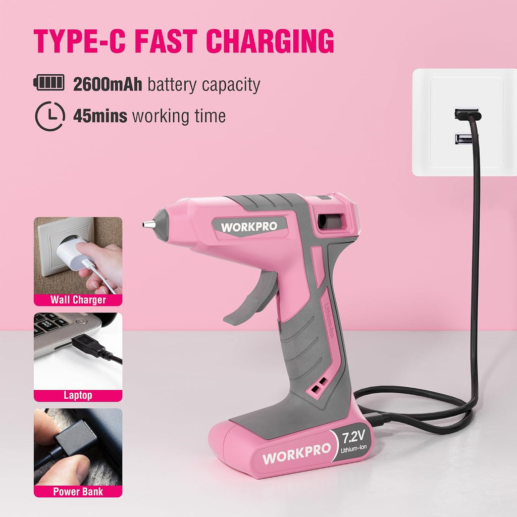 WORKPRO Cordless Hot Glue Gun, 7.2V Dual-Temp Kit, Pink