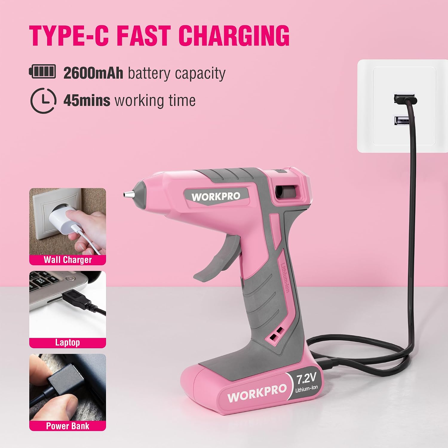 WORKPRO Cordless Hot Glue Gun, 7.2V Dual-Temp Kit, Pink