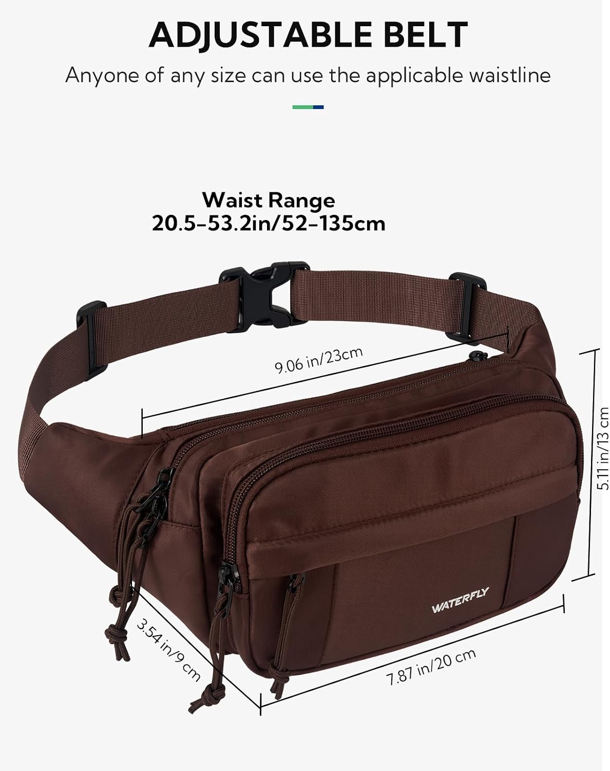 WATERFLY Fanny Pack Waist Bag: 2.5L Large 5 Zipper Pockets for Women Men