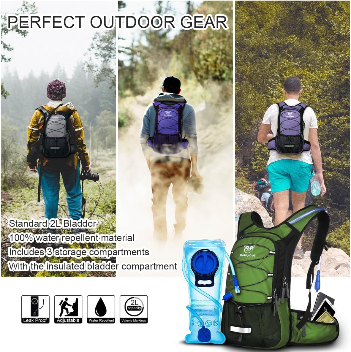Mothybot Hydration Pack, Insulated Hydration Backpack with 2L BPA Free Water Bladder and Storage, Hiking Backpack for Men, Women, Kids for Running, Cycling, Camping - Keep Liquid Cool up to 5 Hours