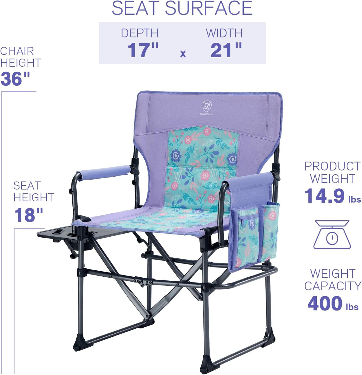 EVER ADVANCED Camping Directors' Chair with Side Table, Portable Folding with Compact Size, Heavy Duty Lawn Chair with Pocket for Camping, Lawn, Sports and Fishing, 400lbs, Purple