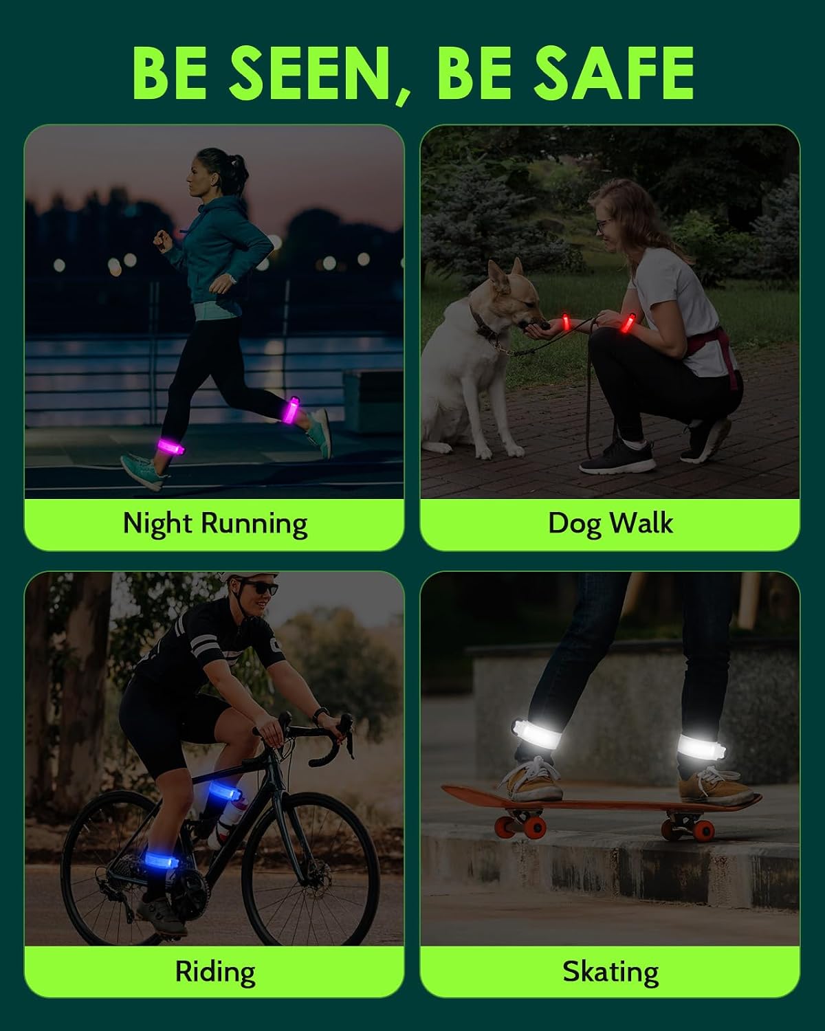 Fitense Rechargeable LED Armband 2-Pack, High Visibility Running Gear for Night Safety, 5 Colors & 3 Modes Light Up Wristbands for Night Walking, Cycling, Running Gift for Women Men Kids，White