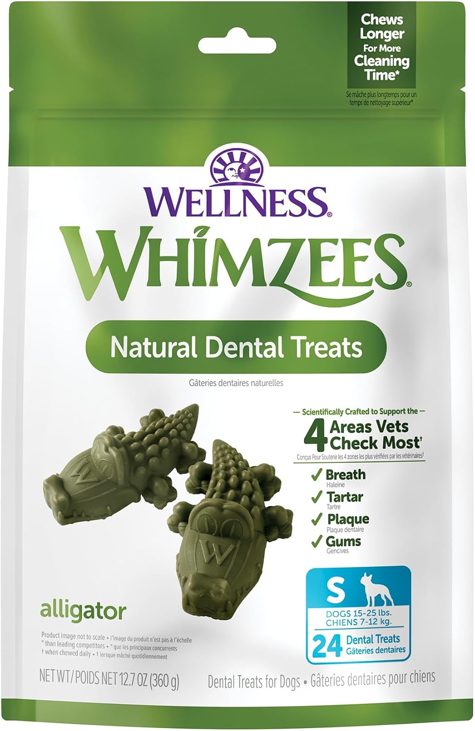 Whimzees Wellness Alligator Natural Dog Dental Treat, Chews, Freshens Breath, Small Size, 12.7 oz Bag, 24 Count