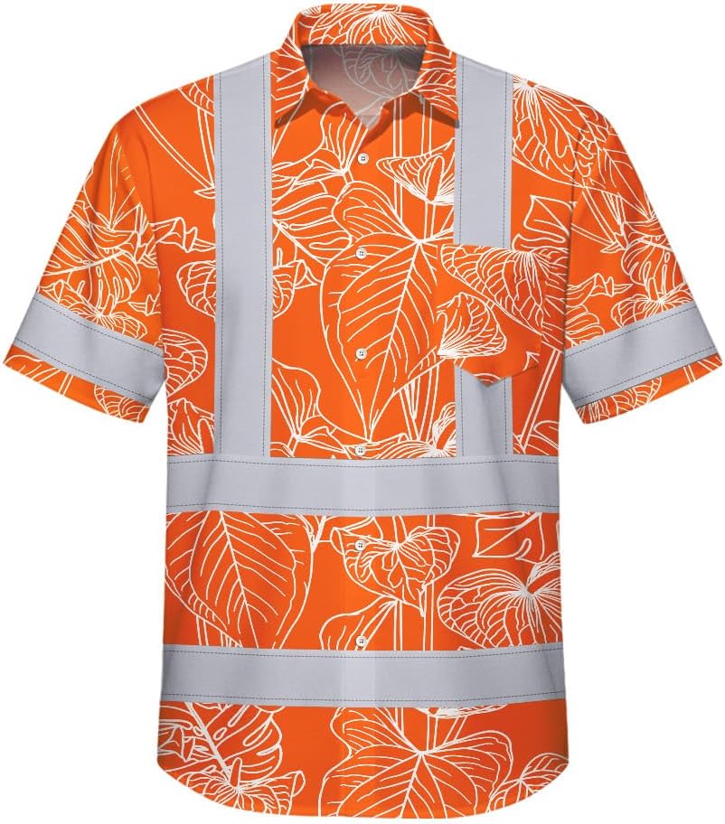 High Visibility Hawaiian Shirt for Men Tropical Shirts Custom Name Floral Outfit Reflective Safety Workwear