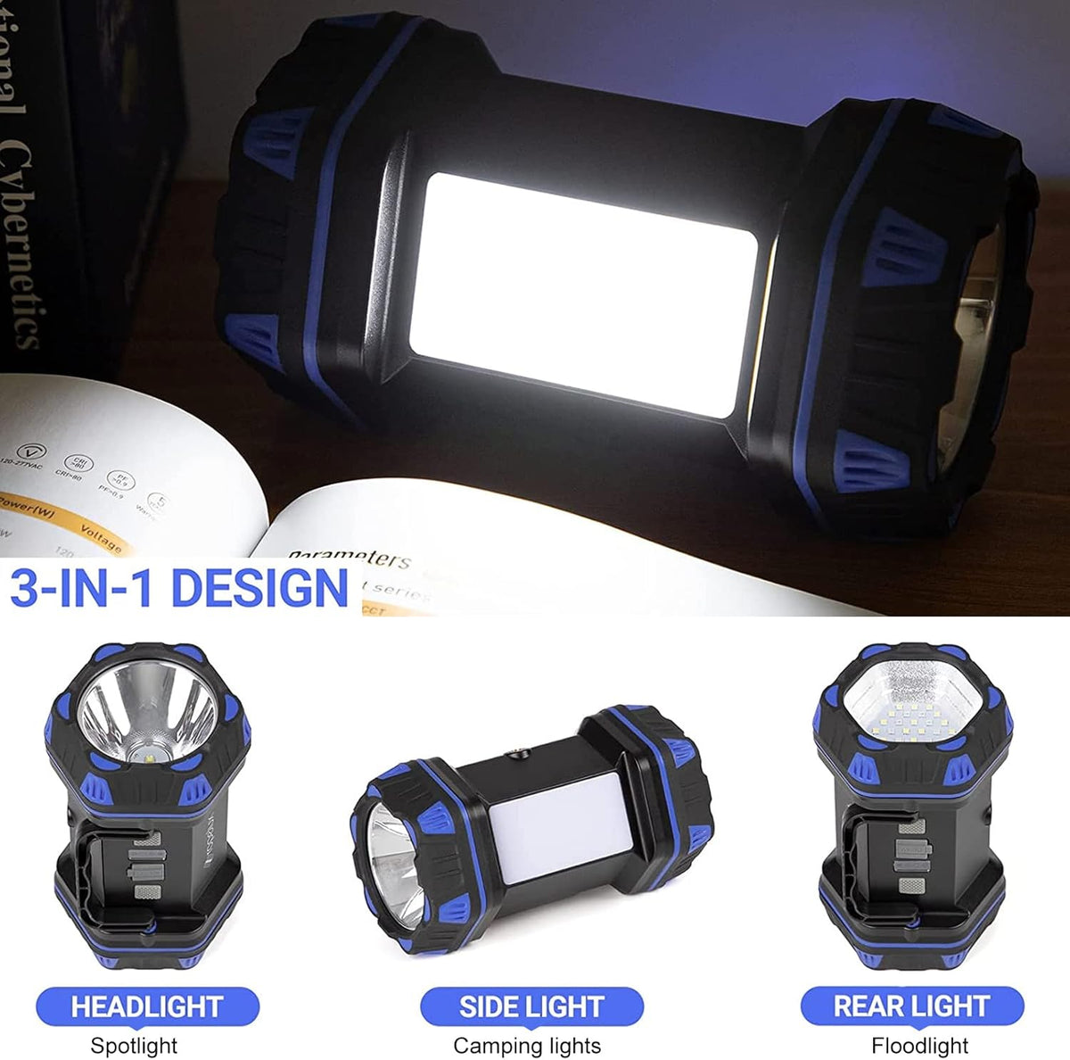 Led Camping Lantern Rechargeable, Camping Flashlight 1500LM, 8 Light Modes, Camping Lights 4800 Capacity, Portable Bright Flash Light for Emergencies, Power Outages, Hurricane, Hiking (Blue 1PACK).