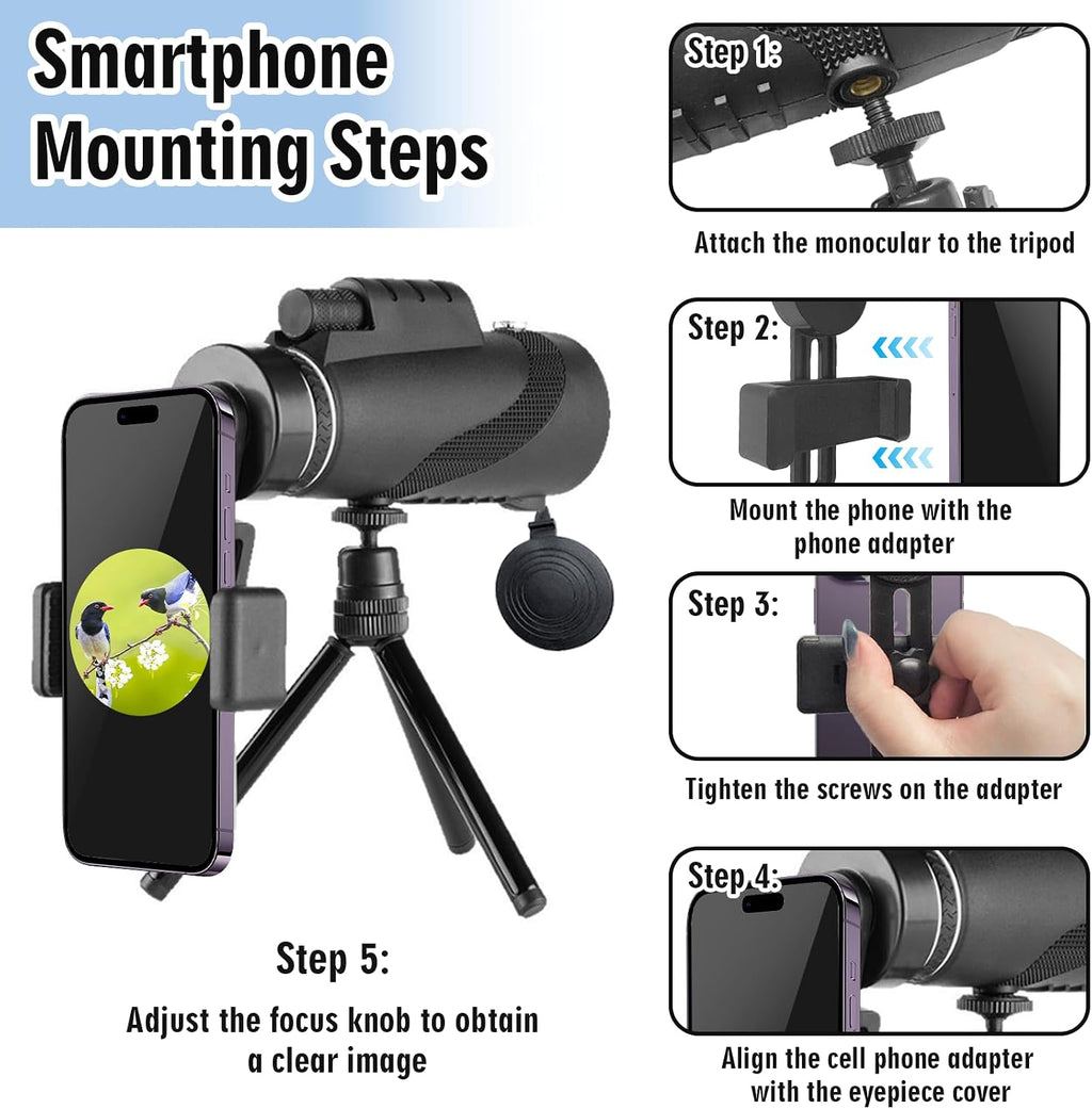 Monocular Telescope 80x100 High Powered Waterproof Monoculars for Adults with Smartphone Adapter Tripod Monocular for Wildlife Bird Watching Hunting Hiking Camping Travel, Black