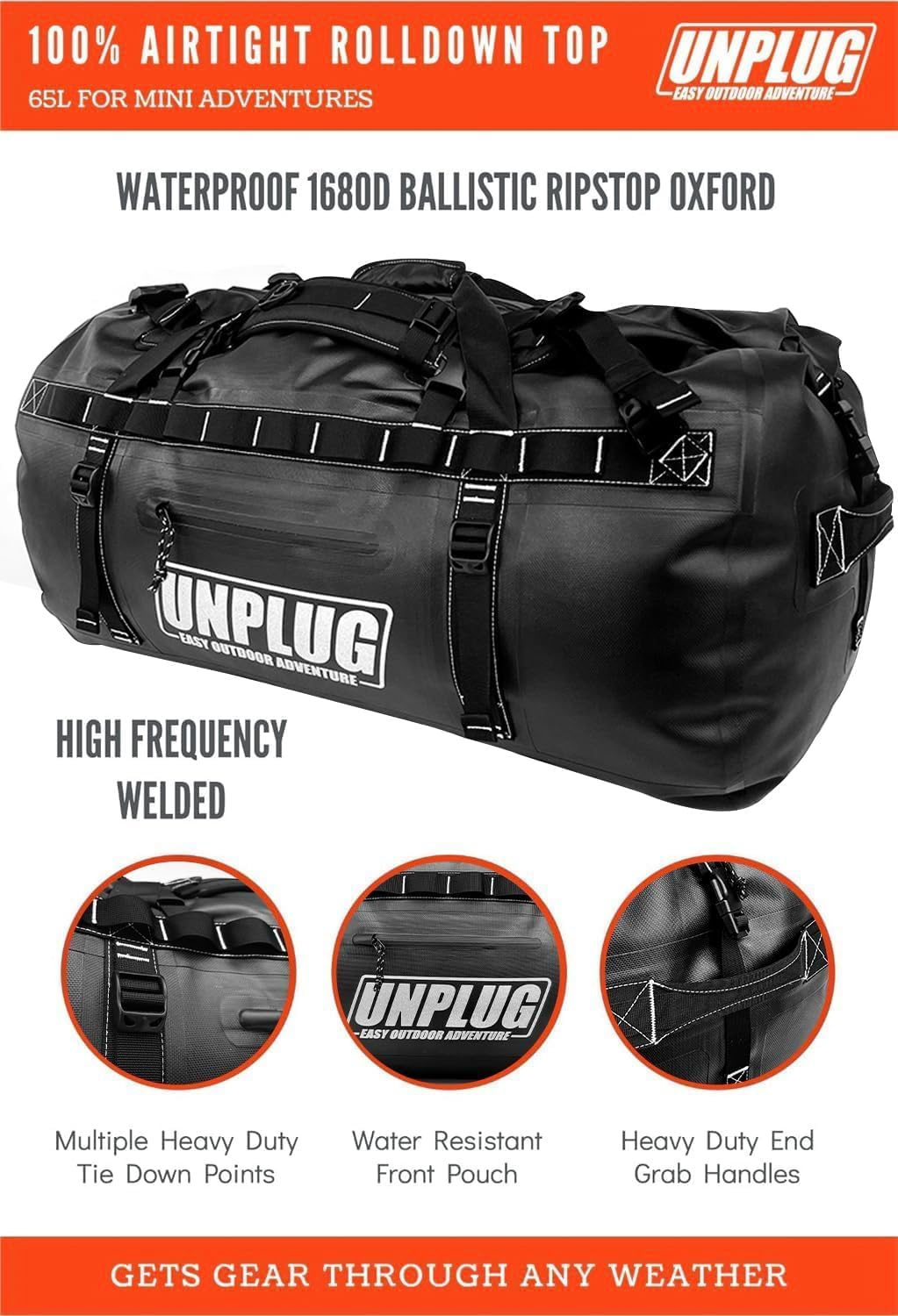 UNPLUG Ultimate Adventure | 1680D Heavy Duty Waterproof Bag | Large Travel Bag which can be Used for Camping, Motorcycling, Boating, or Hunting| 65L BLACKOPS