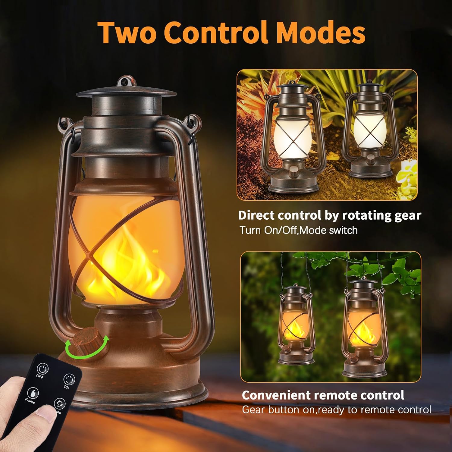 2 Pack Bronze Battery-Powered LED Lanterns with Flickering Flame and Remote