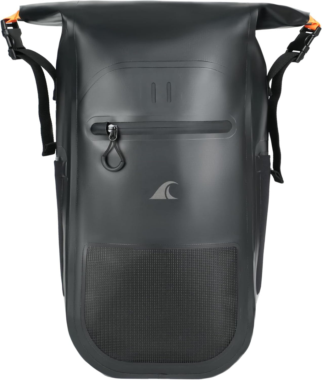 Breakwater Supply™ Meanhigh Dry Bag Waterproof Rolltop Backpack, 25L, Medium/Large, for Water Sports, Moto, Hiking, Camping, with Lightweight Fast-Drying Padding (Black)