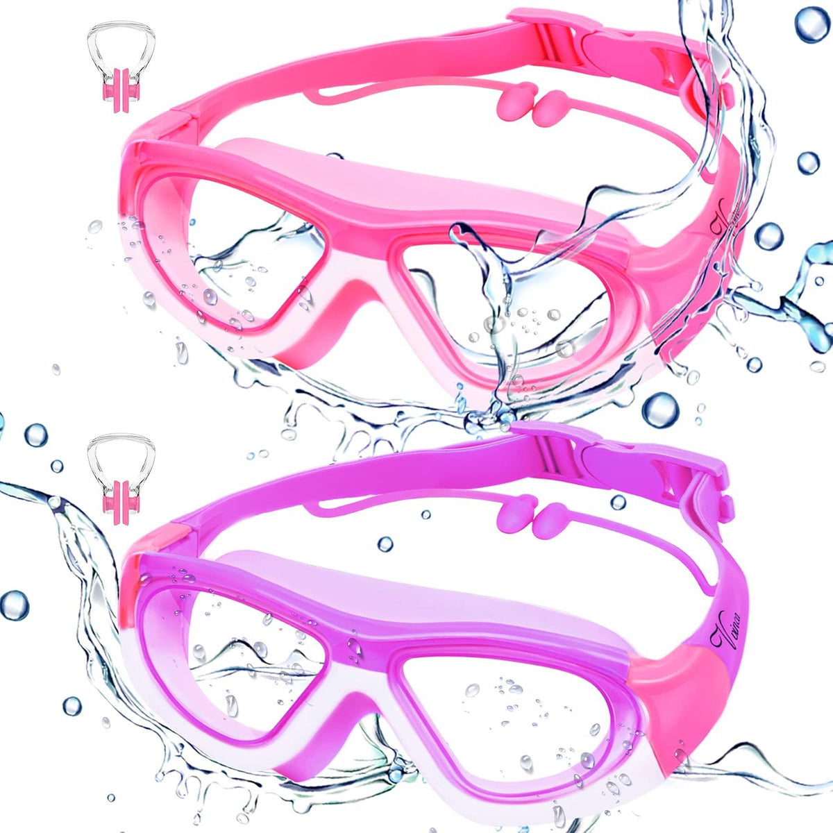 Vvinca Kids Swim Goggles for Kids 3-12, Upgraded Design with Ear & Nose Plug, Wide View Anit-Fog No Leak Water Pool Goggle