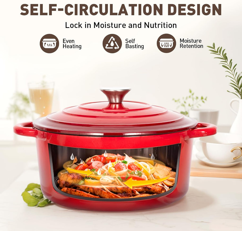 MAISON ARTS 7 Piece Enameled Cast Iron Pots and Pans Set, Red